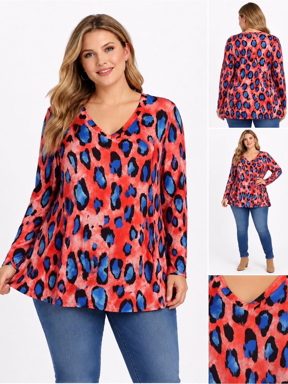 Plus Size 2X Animal Print Tunic Top Coral Blue Long Sleeve Flowy